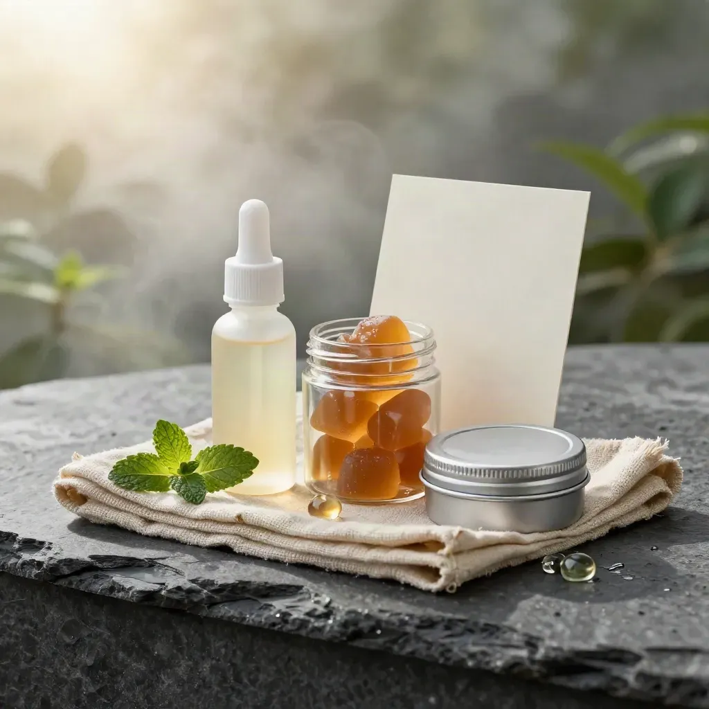 Unmarked CBD tincture, gummies, and balm on wet slate with steam and mint
