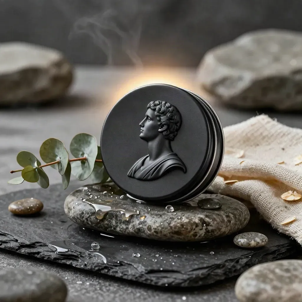 Matte balm tin nestled in wet stone with eucalyptus, cloth, and water beads.