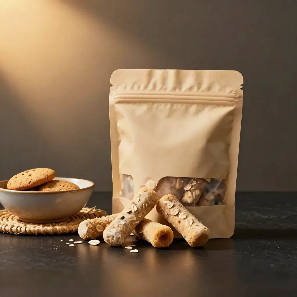 Pet soft-chew pouch with bowl, oat biscuits, and woven mat in dramatic studio light.