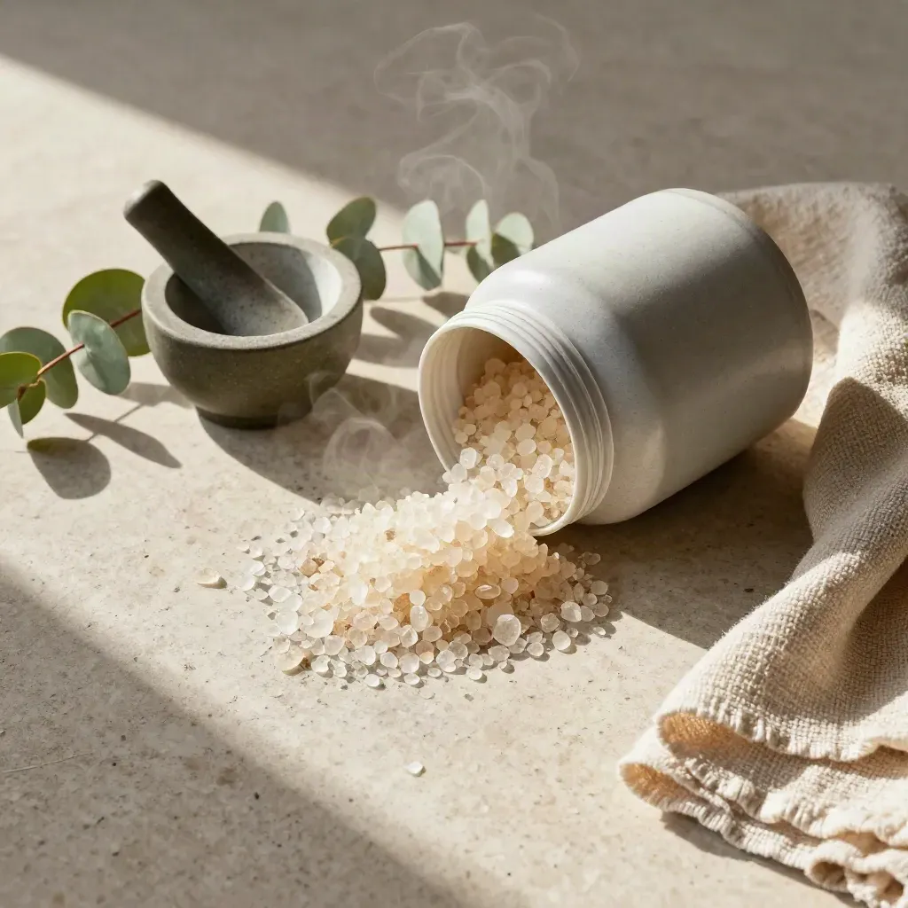 Overhead bath soak jar spilling crystals with mortar, eucalyptus and gauze on pale stone.