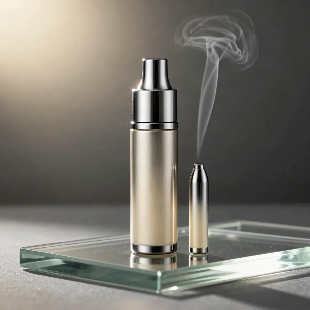 Mint vape oil bottle and cartridge on brushed steel with vapor curl and glass tray