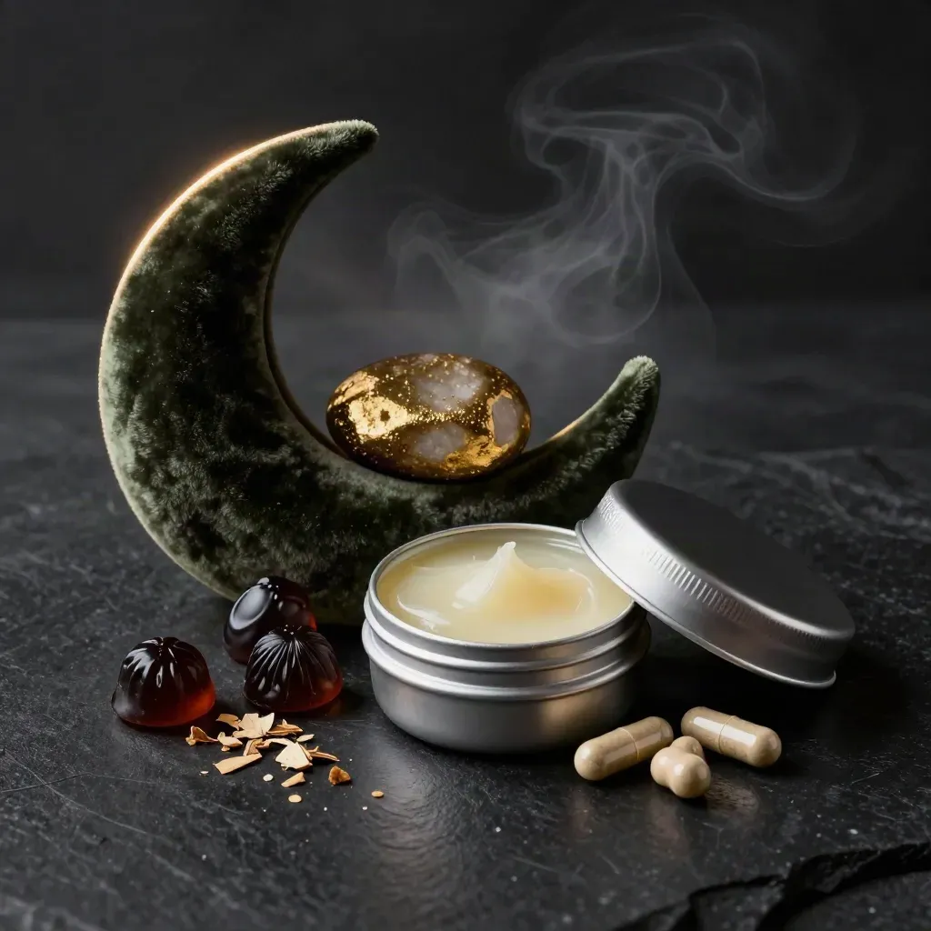 CBD gummies, capsules, and balm in a dark velvet crescent on matte-black stone