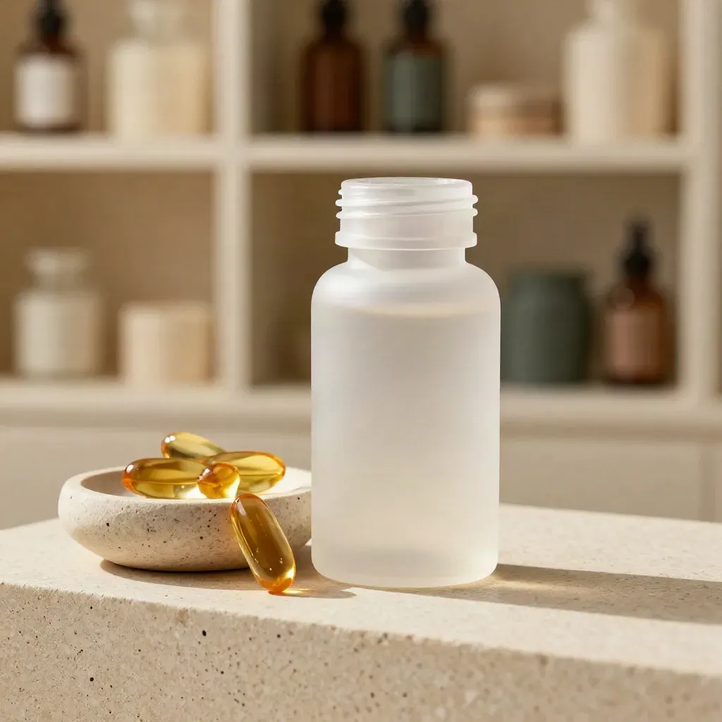 Translucent CBD softgel bottle with amber capsules and a stone dish on travertine.