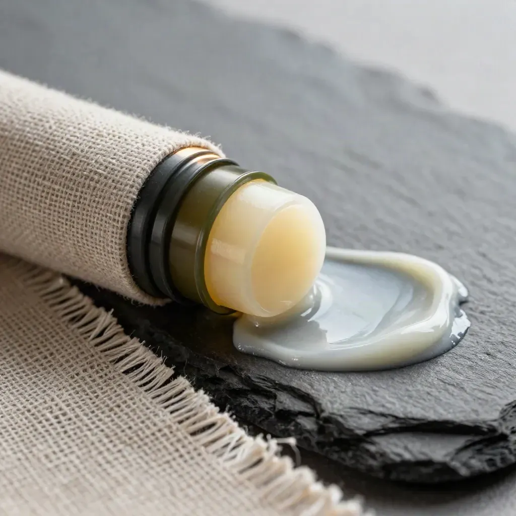 Macro side profile of a balm stick on slate with linen strip and cool mist