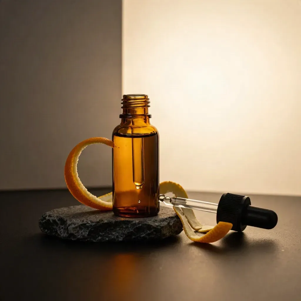 Amber tincture bottle with dropper, citrus peel curls, and stone dish on a dark studio surface.