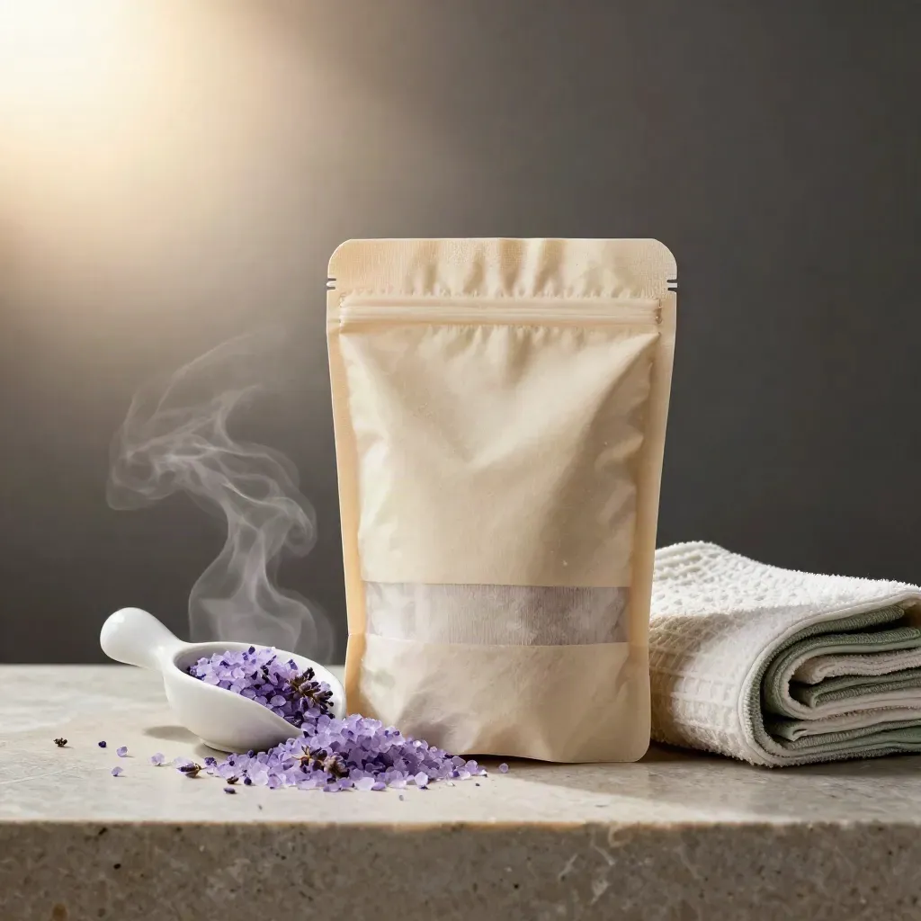 Lavender bath soak pouch, ceramic scoop, crystals, towel, and steam on limestone.