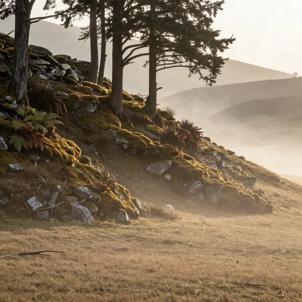 Rain-dark cedar hillside with moss, ferns and mist under soft backlight, copy space below.