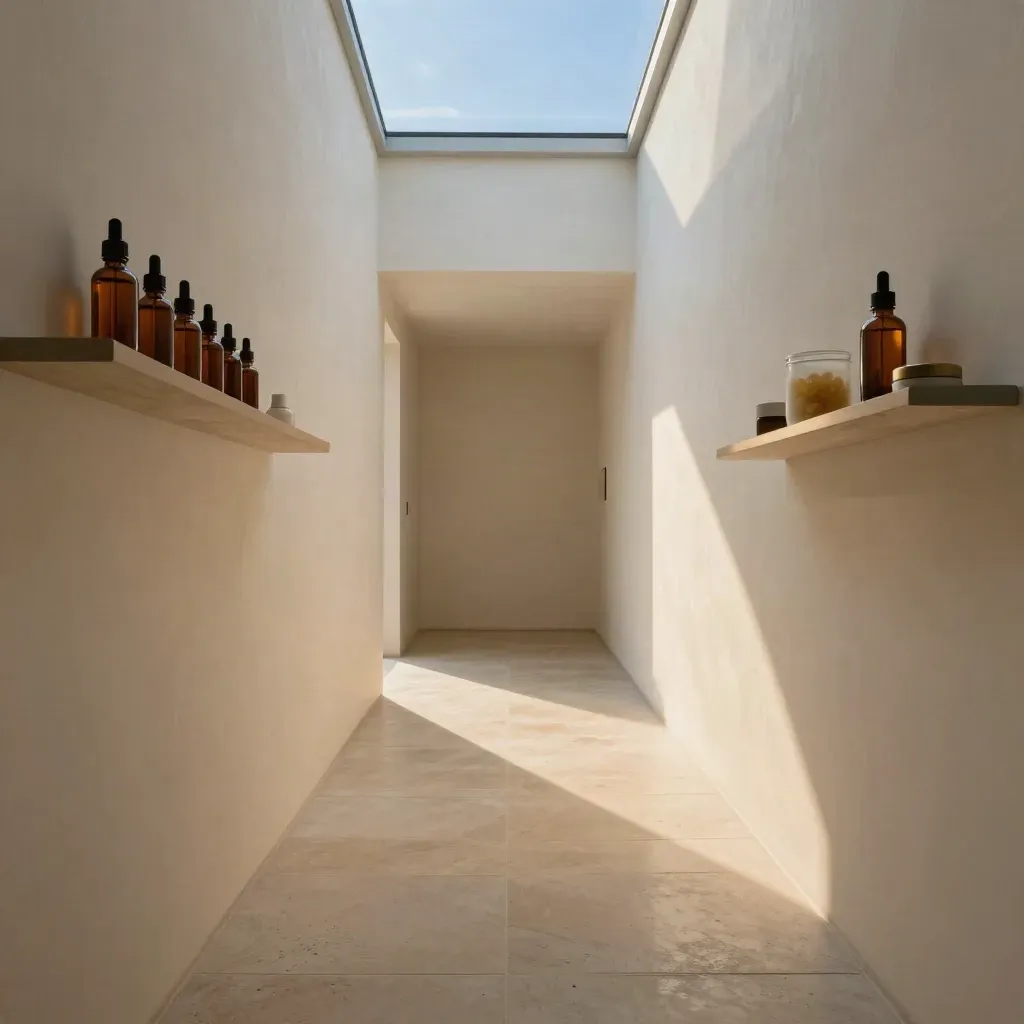 Sunlit plaster corridor with skylight and subtle CBD products on a sage tray