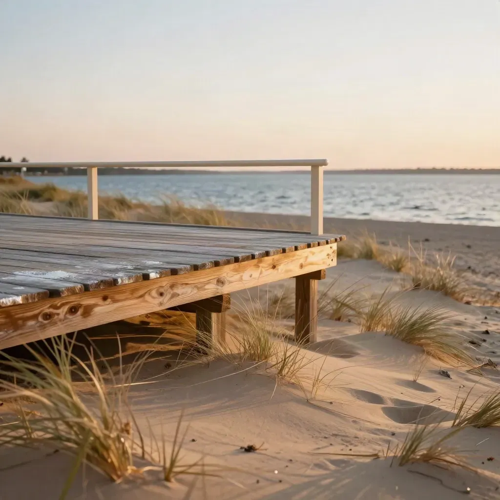 Weathered deck above dune grass, cream railing, and a distant lake at golden sunset.